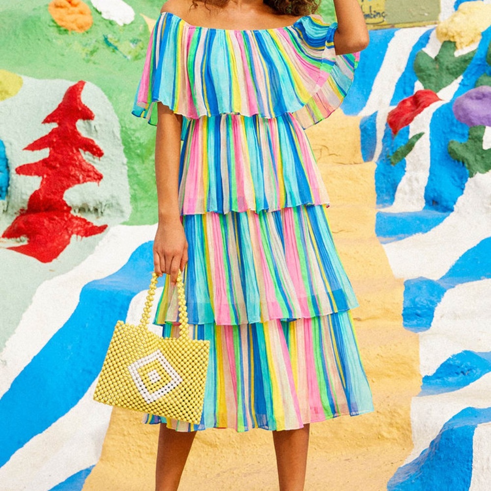 Gala Ready Multi Stripe Print Off-the-Shoulder Ruffle Midi Dress